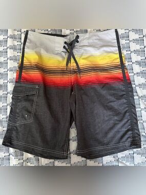 Mossimo Supply Co. Men's Grey Swim Shorts with Yellow-Red Sunset Stripe